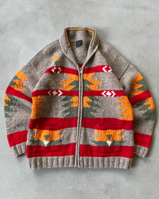 1980s - Brown/Red Navajo Wool Zip Sweater - XL