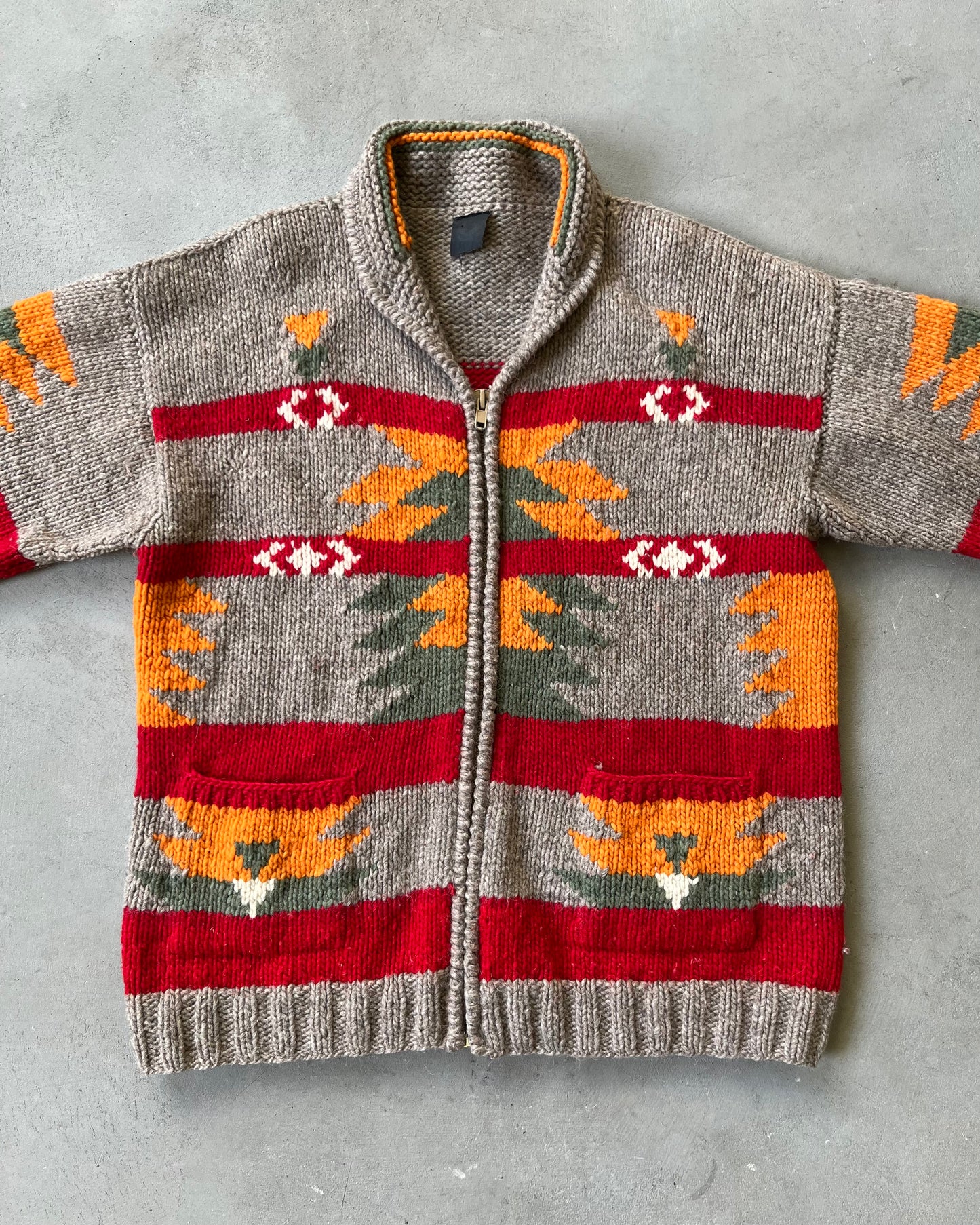 1980s - Brown/Red Navajo Wool Zip Sweater - XL