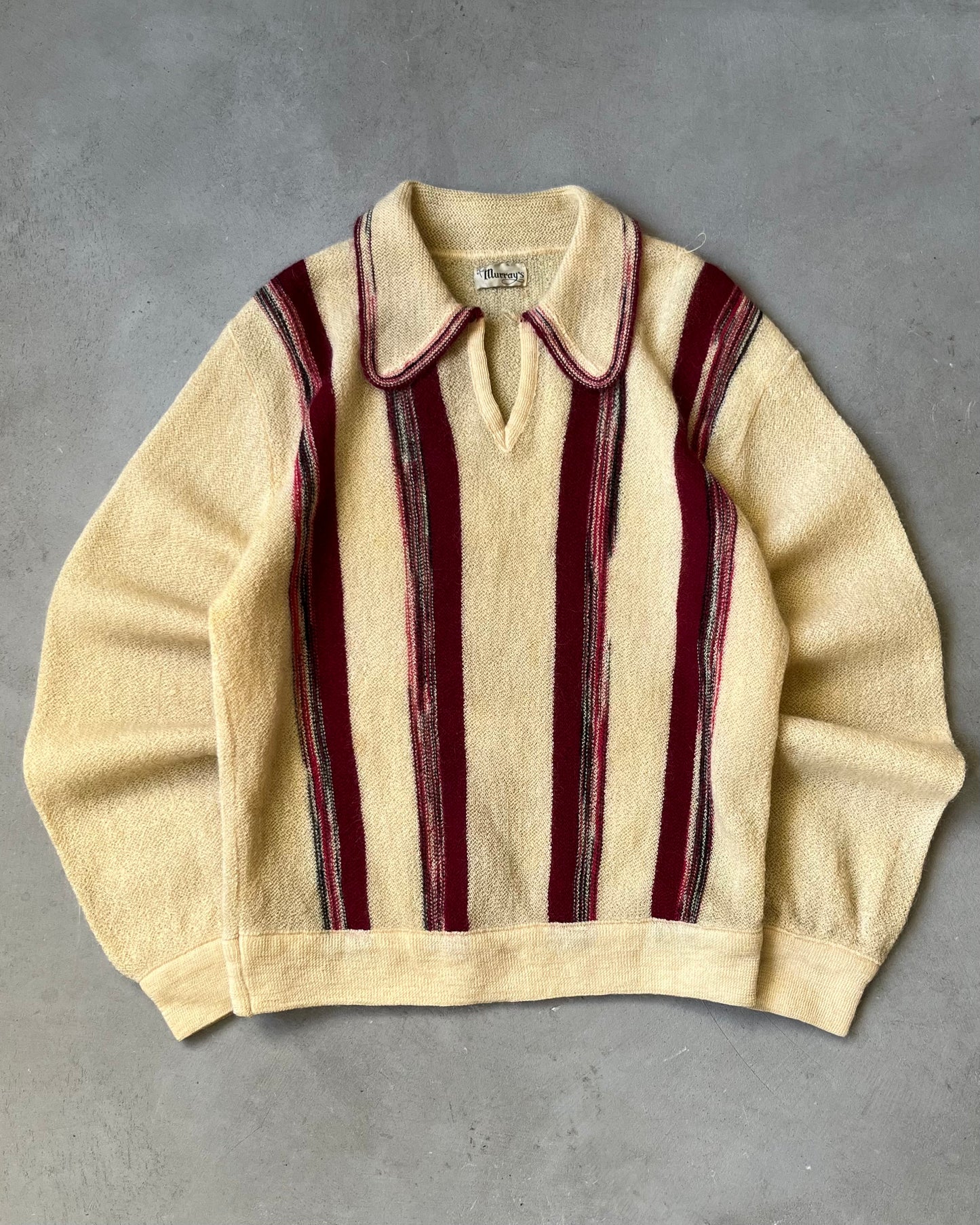 1950s - Cream/Red Wool Collared Sweater - M/L