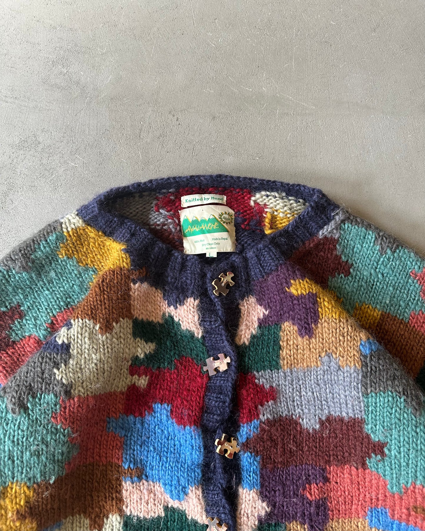 1990s - Navy/Multi Wool Puzzle Cardigan - (W)XL