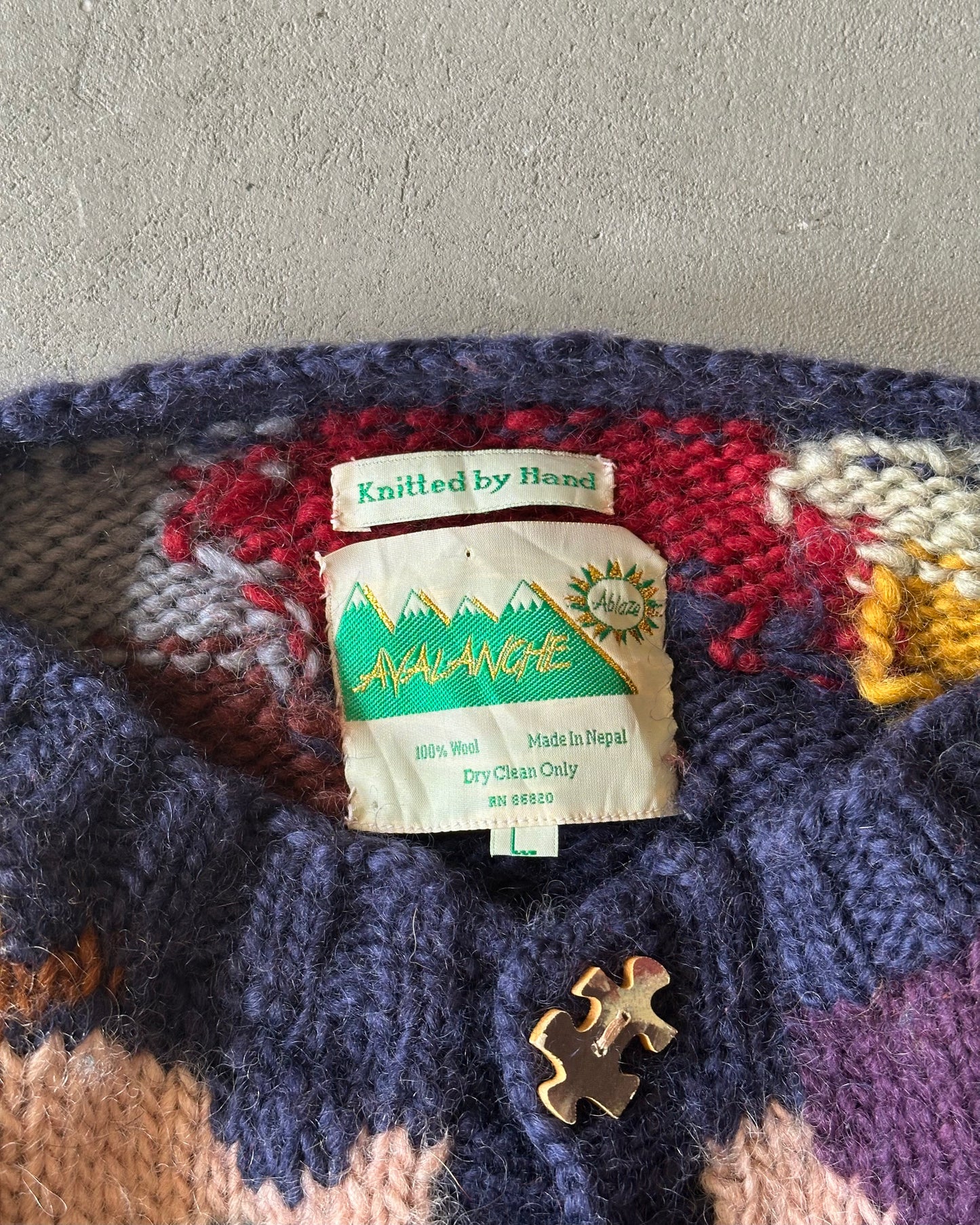 1990s - Navy/Multi Wool Puzzle Cardigan - (W)XL