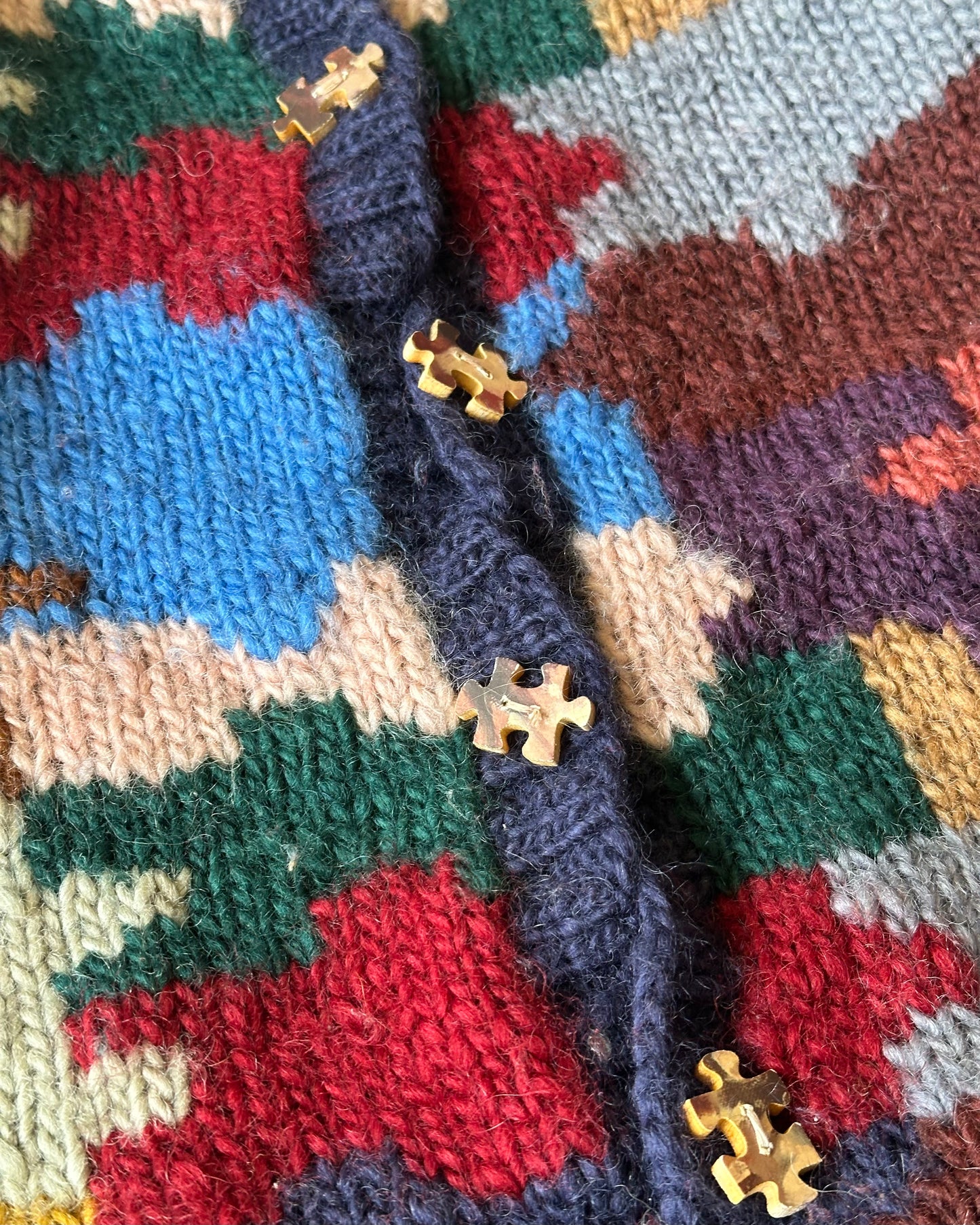 1990s - Navy/Multi Wool Puzzle Cardigan - (W)XL