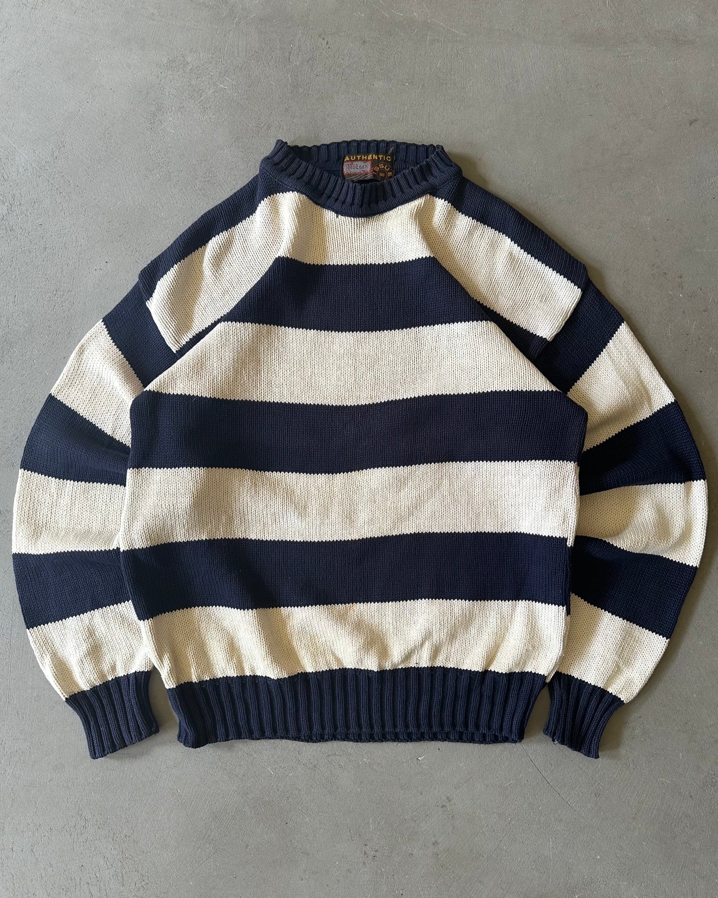 2000s - Navy/Cream Striped Knitted Sweater - L