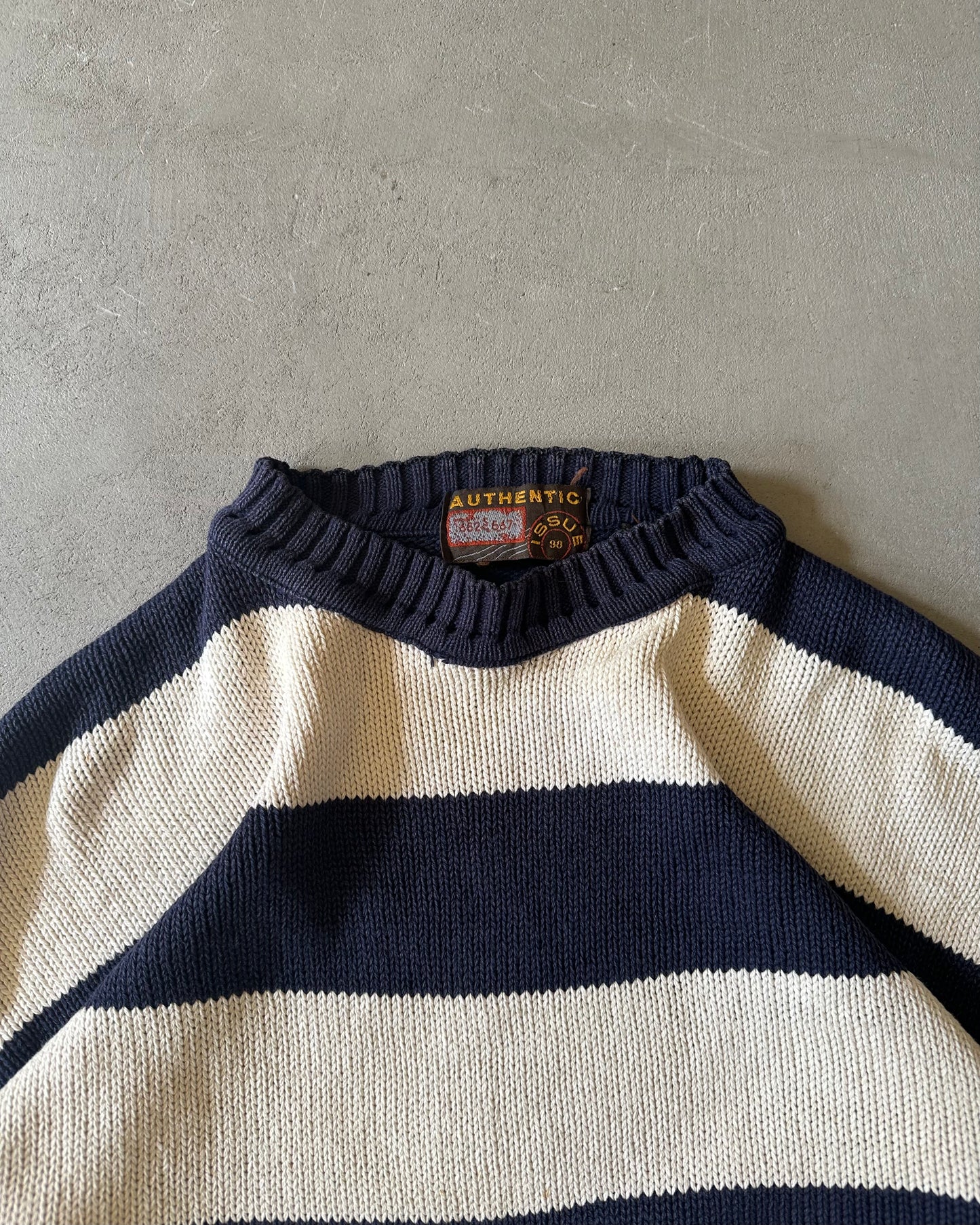 2000s - Navy/Cream Striped Knitted Sweater - L