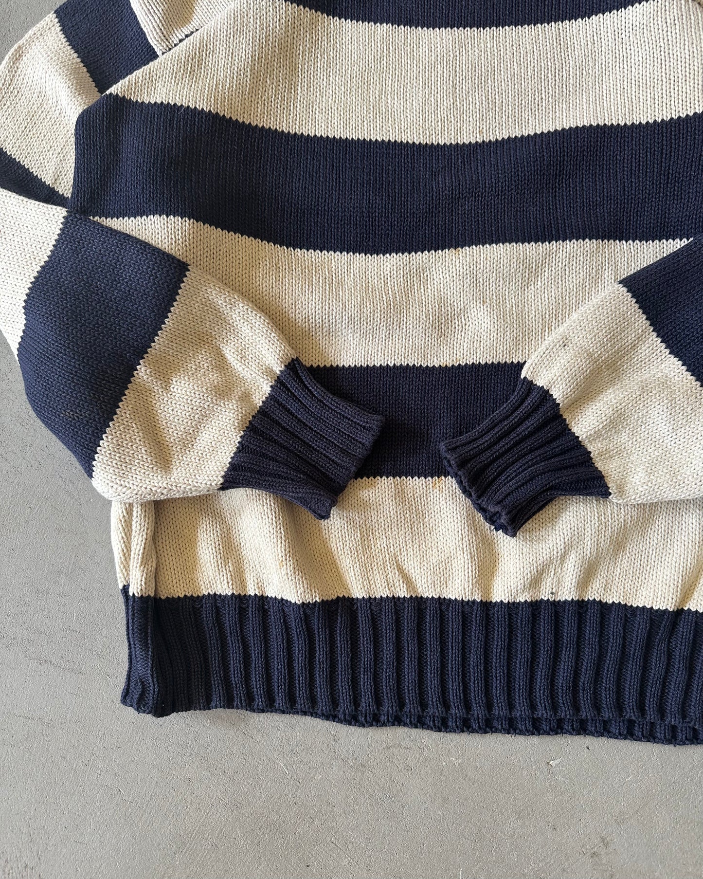 2000s - Navy/Cream Striped Knitted Sweater - L