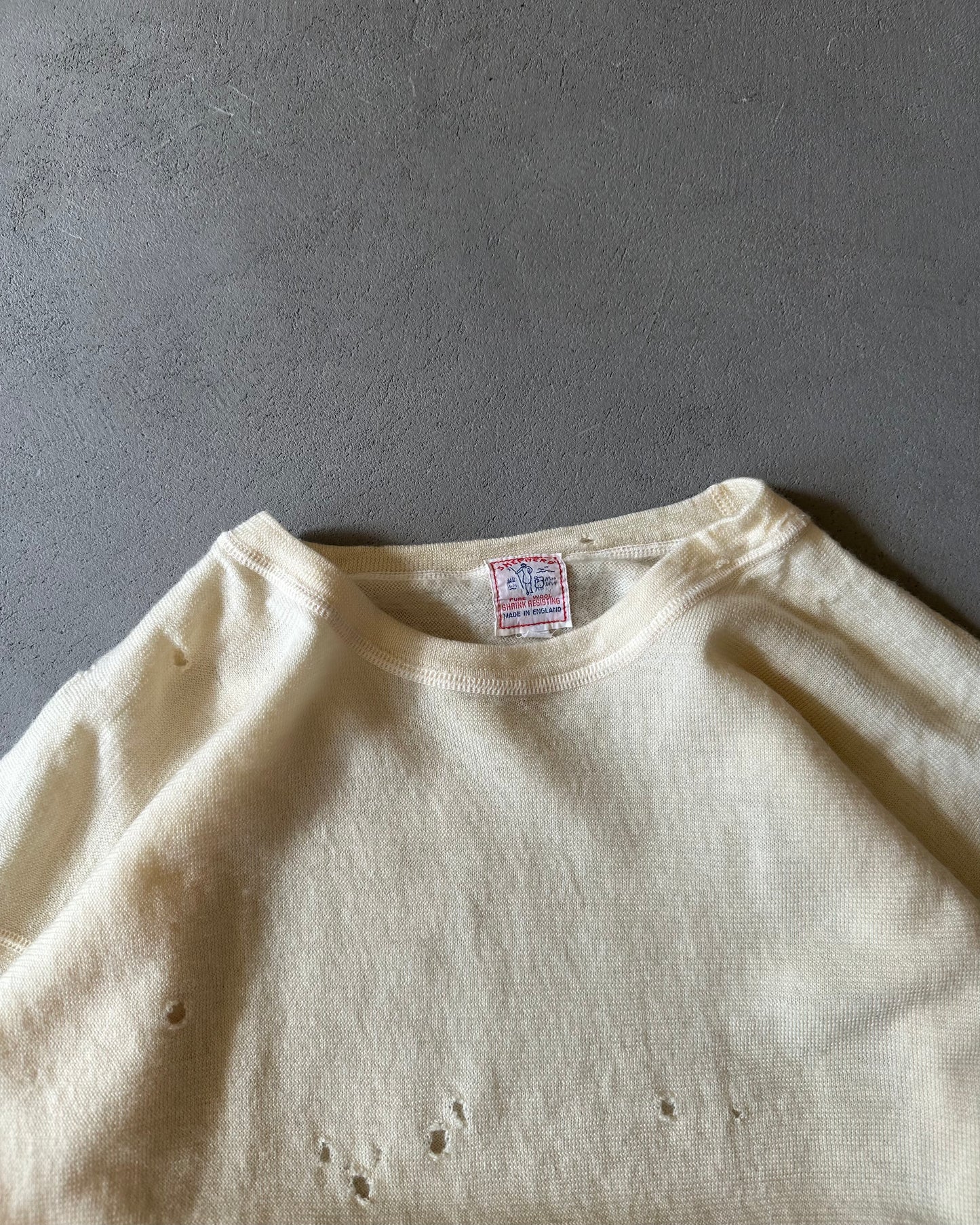 1960s - Trashed Cream Longsleeve Wool Undershirt - S