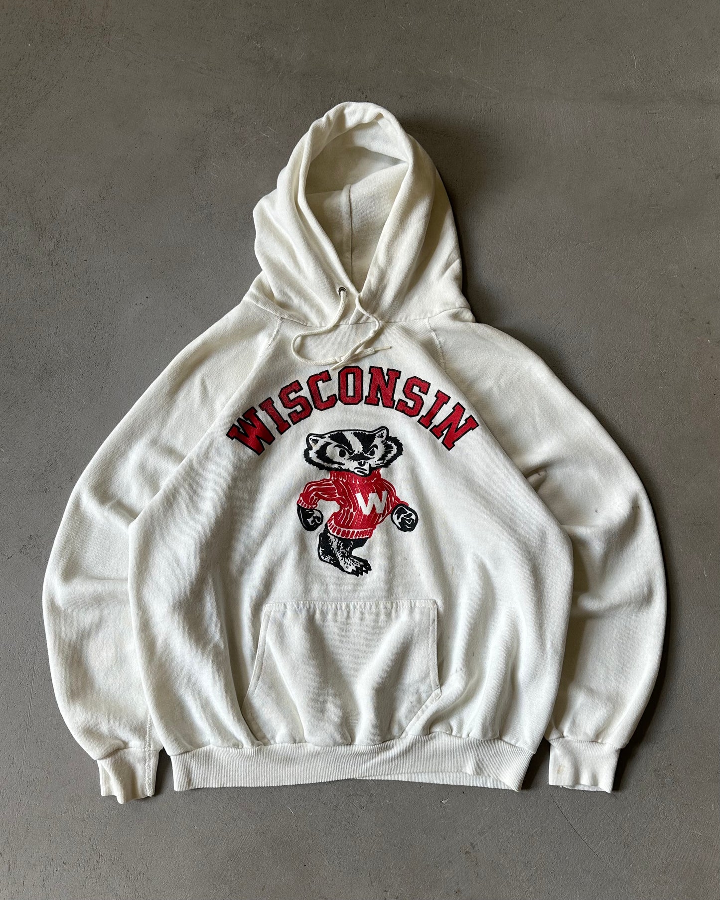 1980s - Distressed White Wisconsin Badgers Hoodie - S