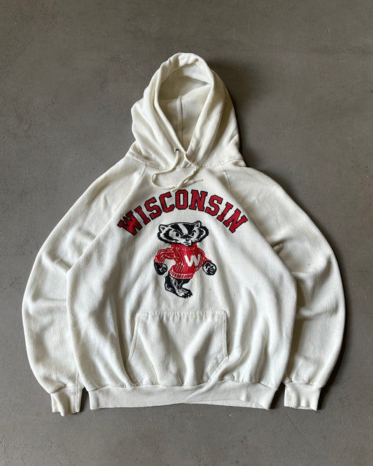 1980s - Distressed White Wisconsin Badgers Hoodie - S