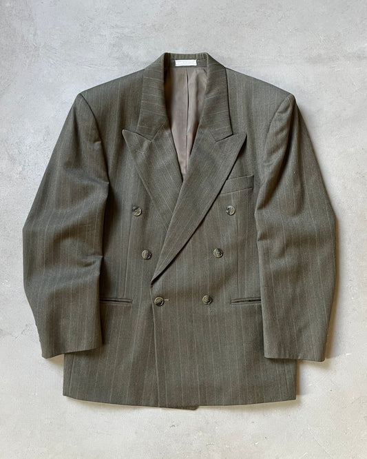 1990s - Green Pinstripe Double Breasted Wool Blazer - 40(Short)