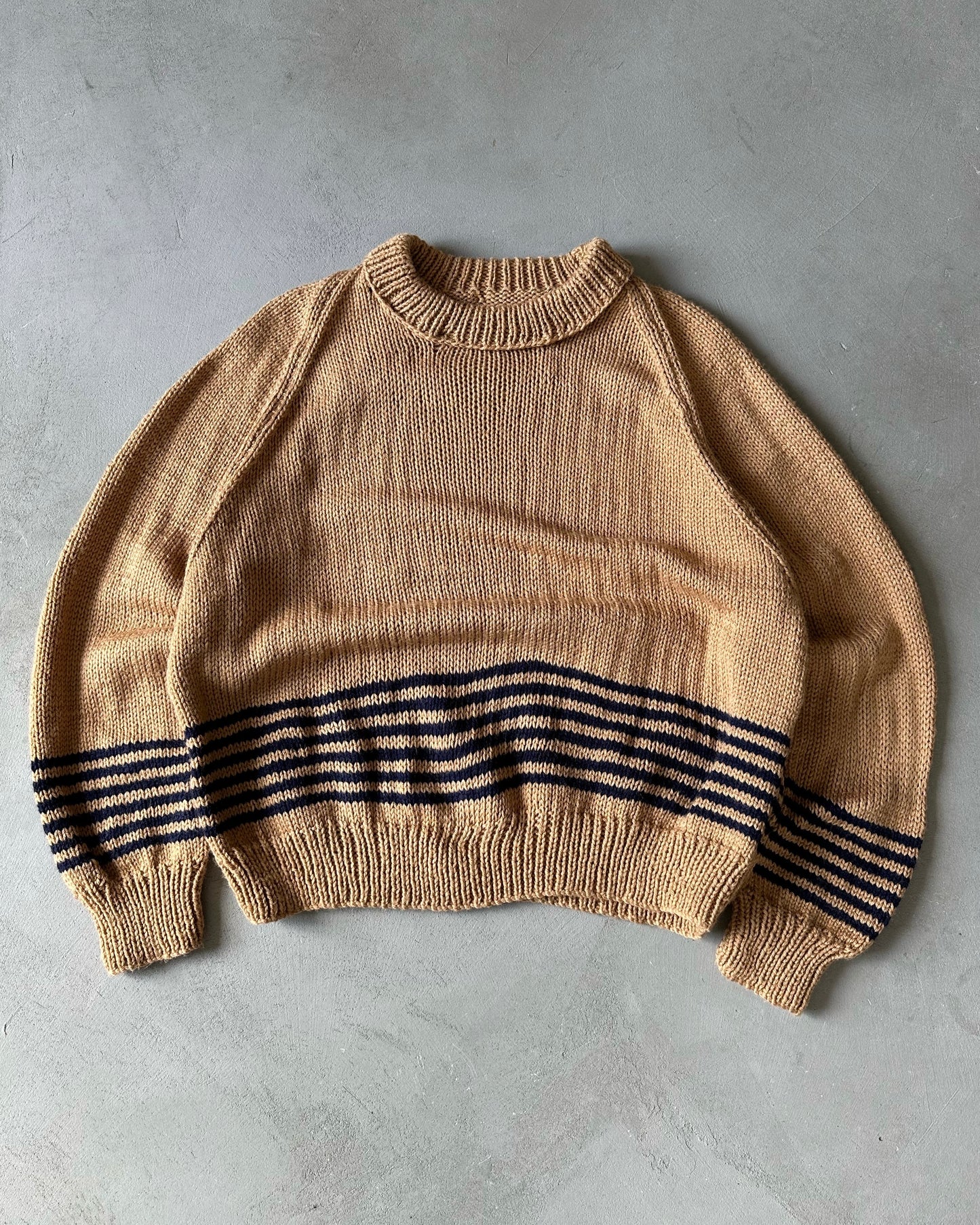 1980s - Tan/Navy Handknit Striped Sweater - L