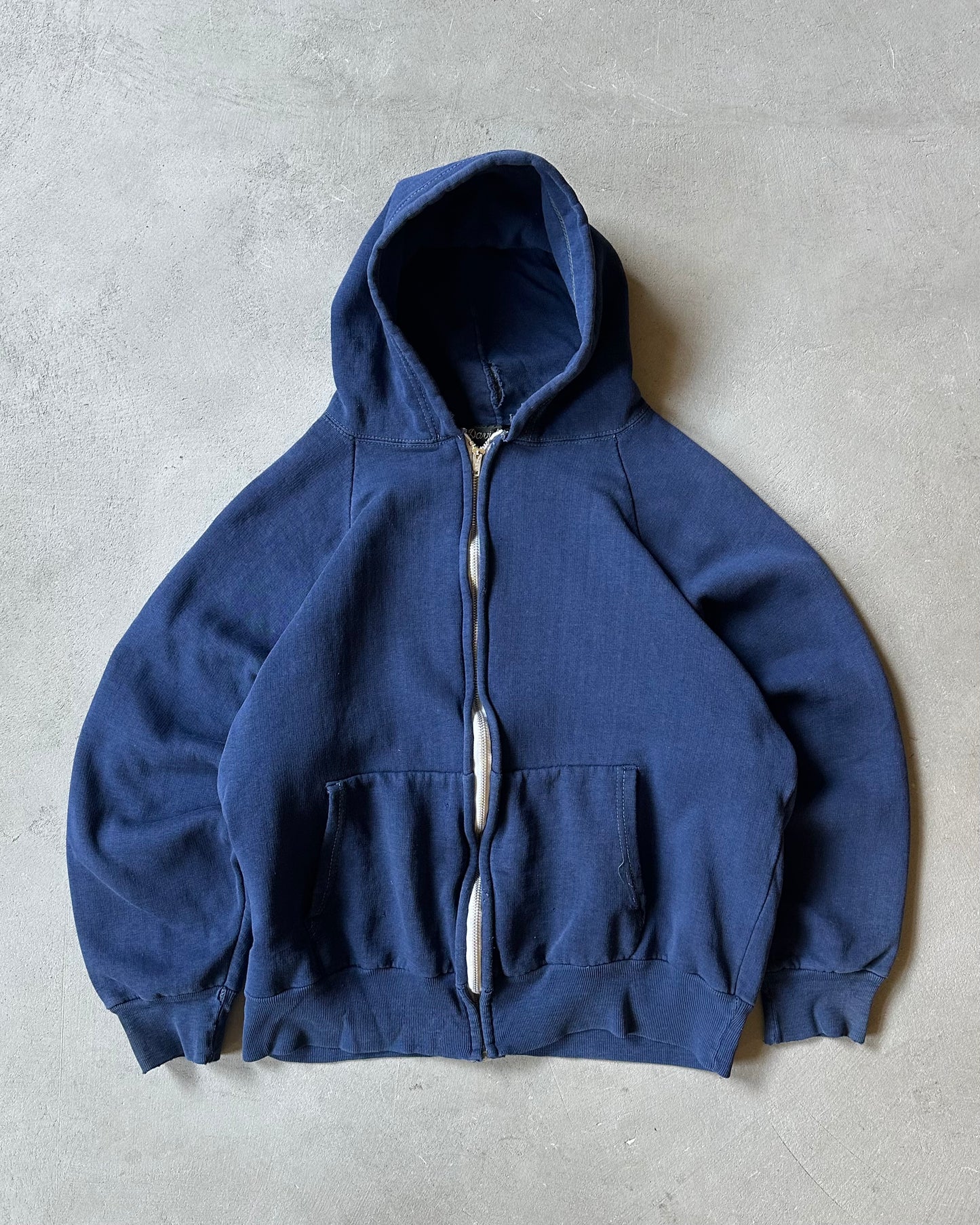 1970s - Distressed Navy Zip-Up Thermal Hoodie - (W)M