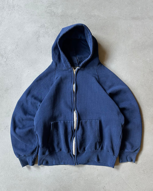 1970s - Distressed Navy Zip-Up Thermal Hoodie - (W)M