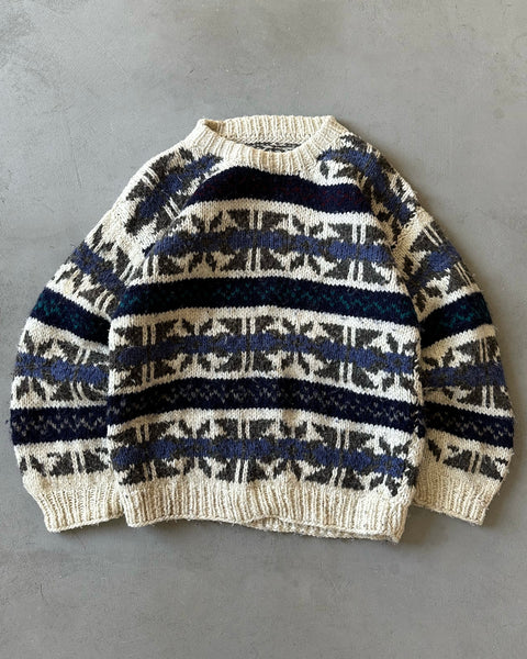 1990s - Cream/Navy Nordic Wool Sweater - M/L