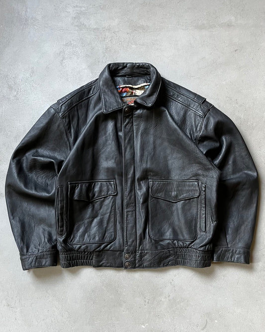 1990s - Black Aviator Leather Jacket - L/XL