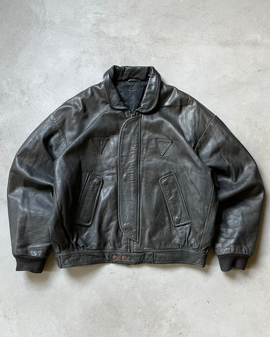 1980s - Black Cropped Leather Bomber Jacket - M/L