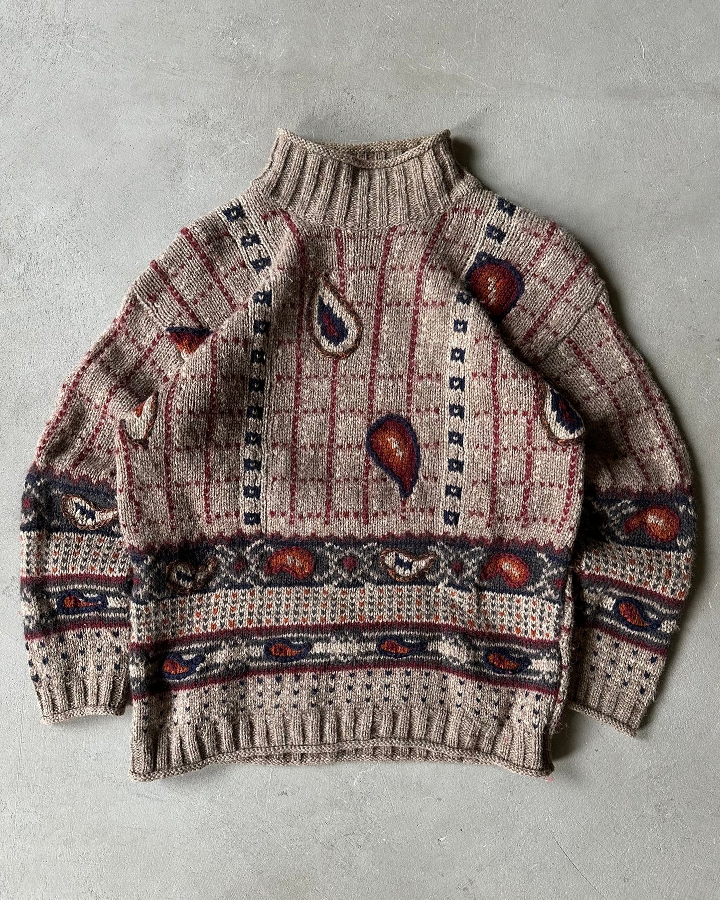 1980s - Brown/Multi Checkered Paisley Wool Sweater - (W)L