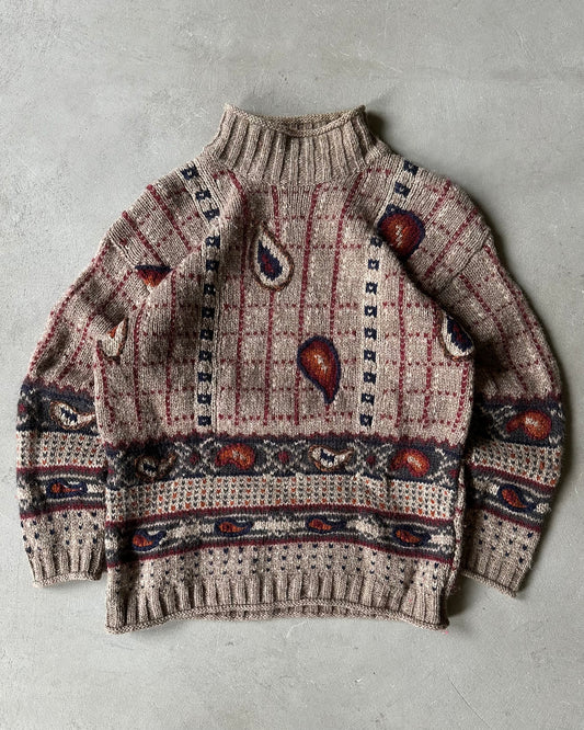 1980s - Brown/Multi Checkered Paisley Wool Sweater - (W)L