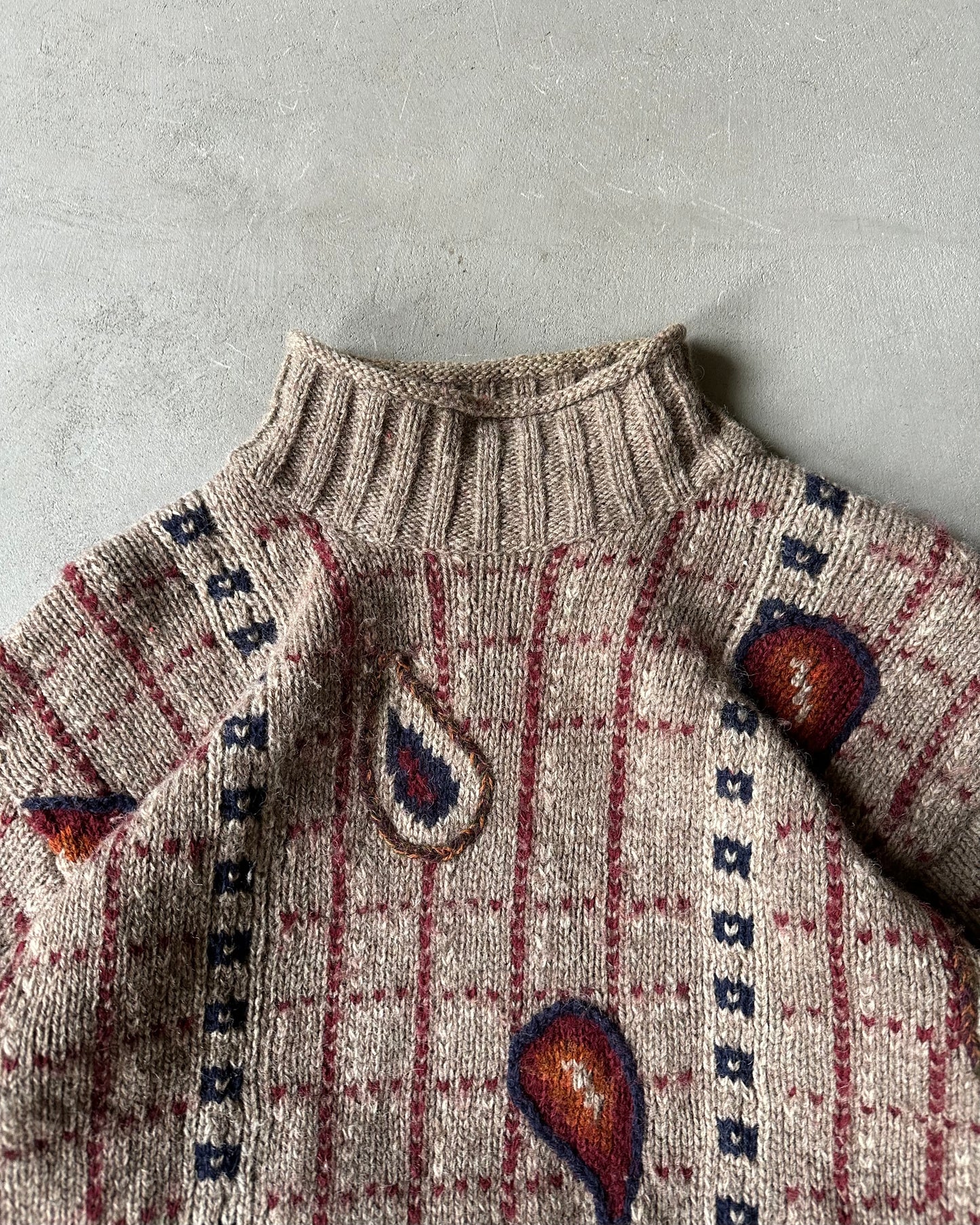 1980s - Brown/Multi Checkered Paisley Wool Sweater - (W)L