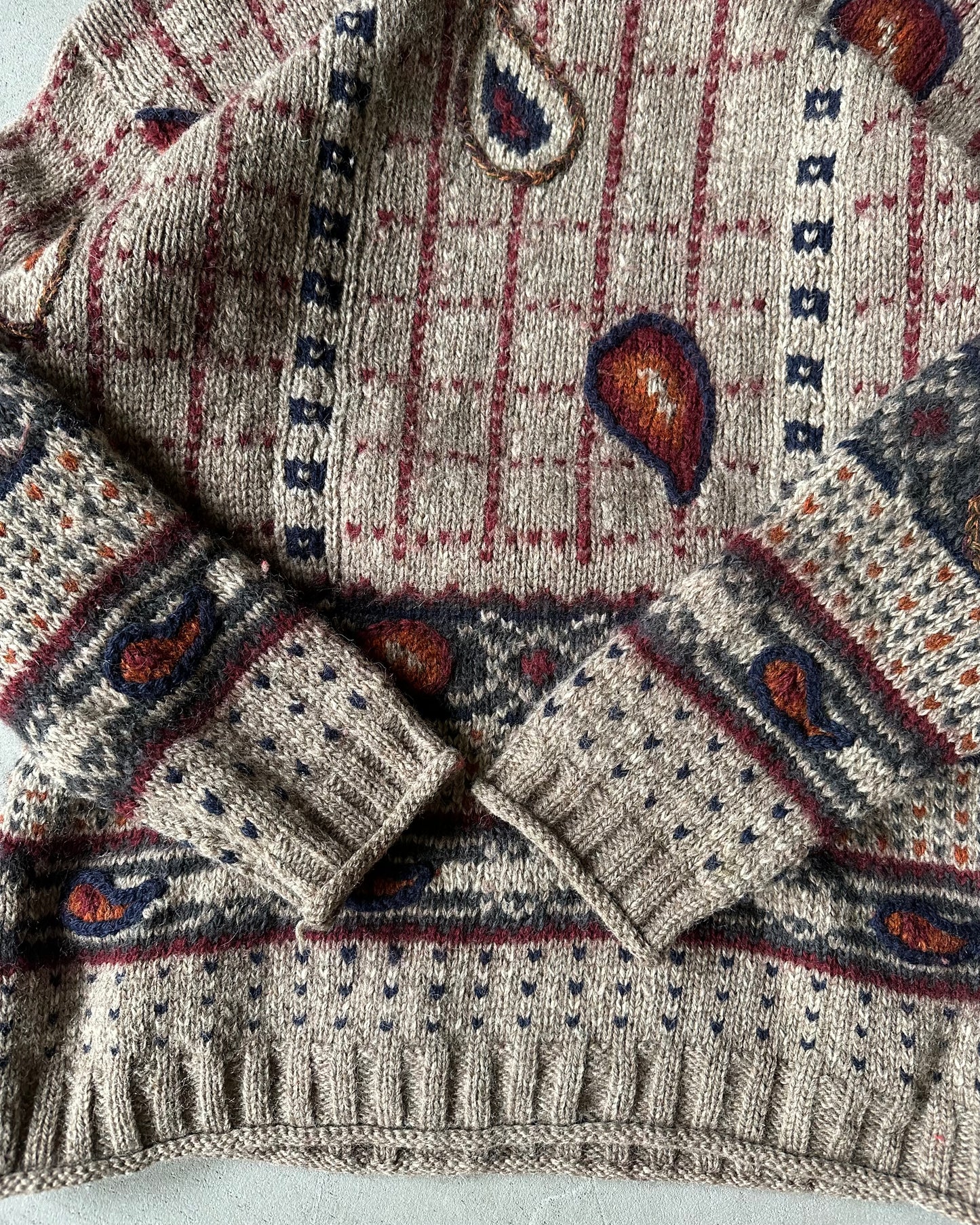 1980s - Brown/Multi Checkered Paisley Wool Sweater - (W)L