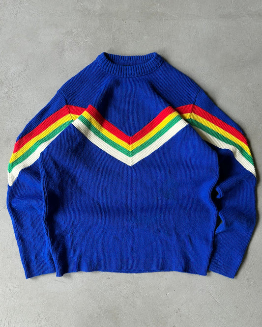 1970s - Blue/Multi Sears V-Striped Knitted Sweater - M/L