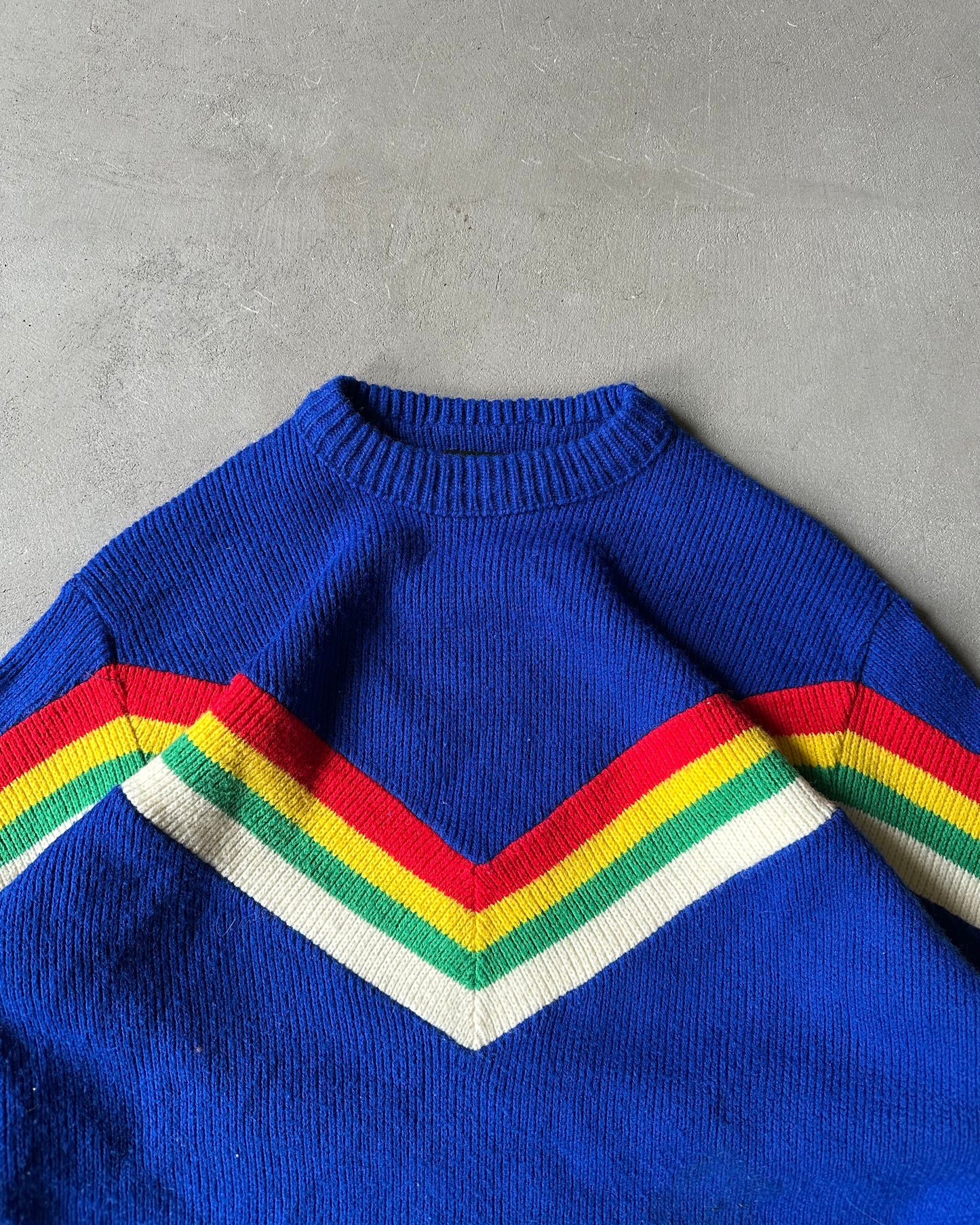 1970s - Blue/Multi Sears V-Striped Knitted Sweater - M/L