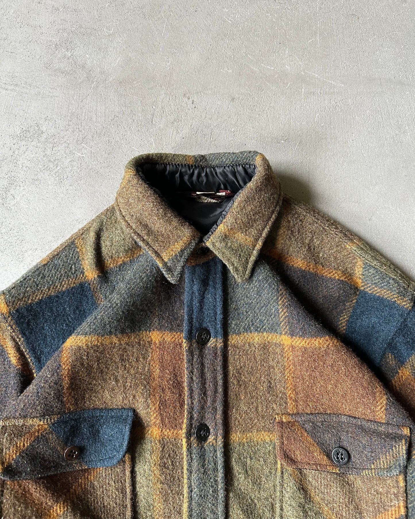 1970s - Navy/Brown Towncraft Wool Shirt - M