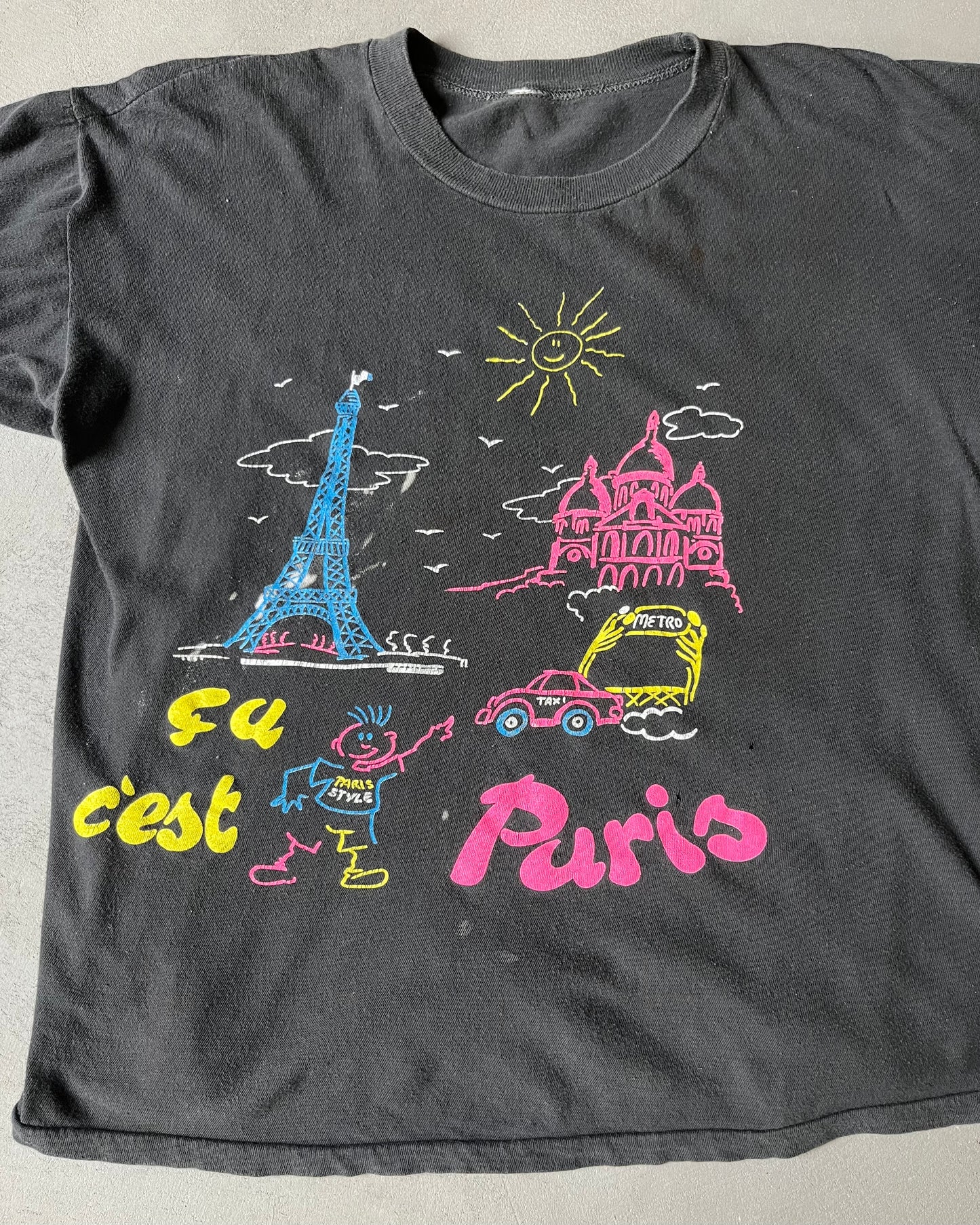 1990s - Distressed Black Paris T-Shirt - M