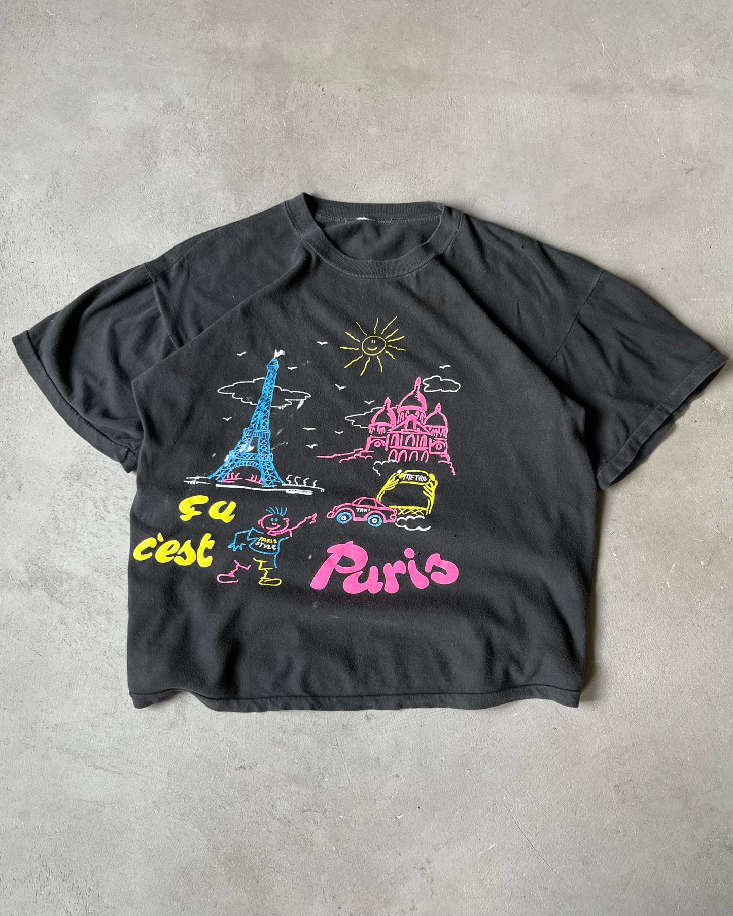 1990s - Distressed Black Paris T-Shirt - M