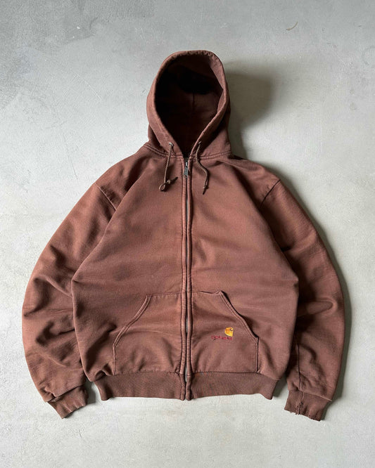 1990s - Distressed Brown Carhartt Thermal Zip Up Hoodie - L