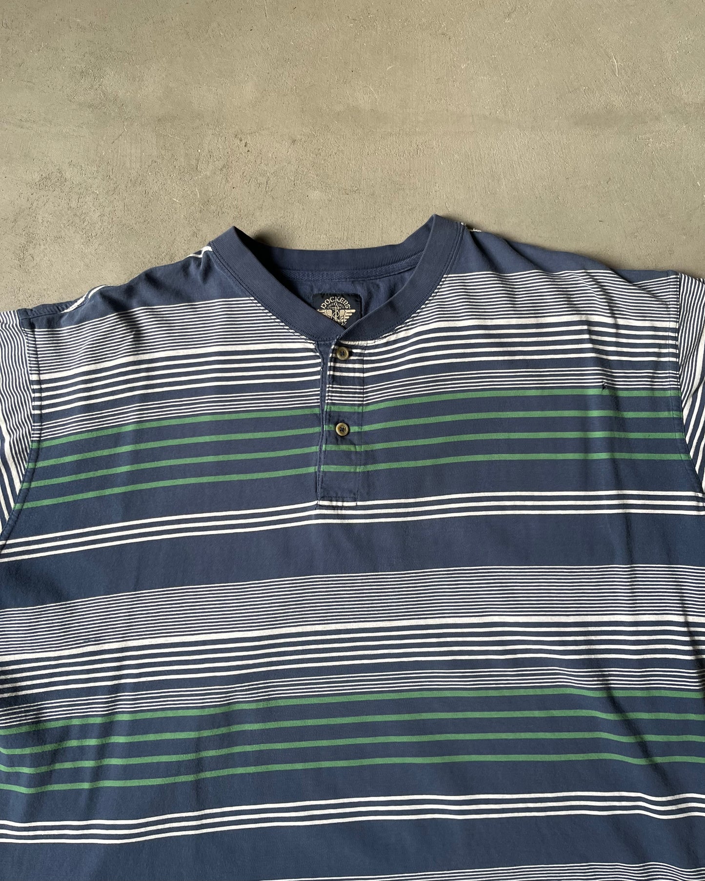 2000s - Distressed Navy Striped Henley T-Shirt -