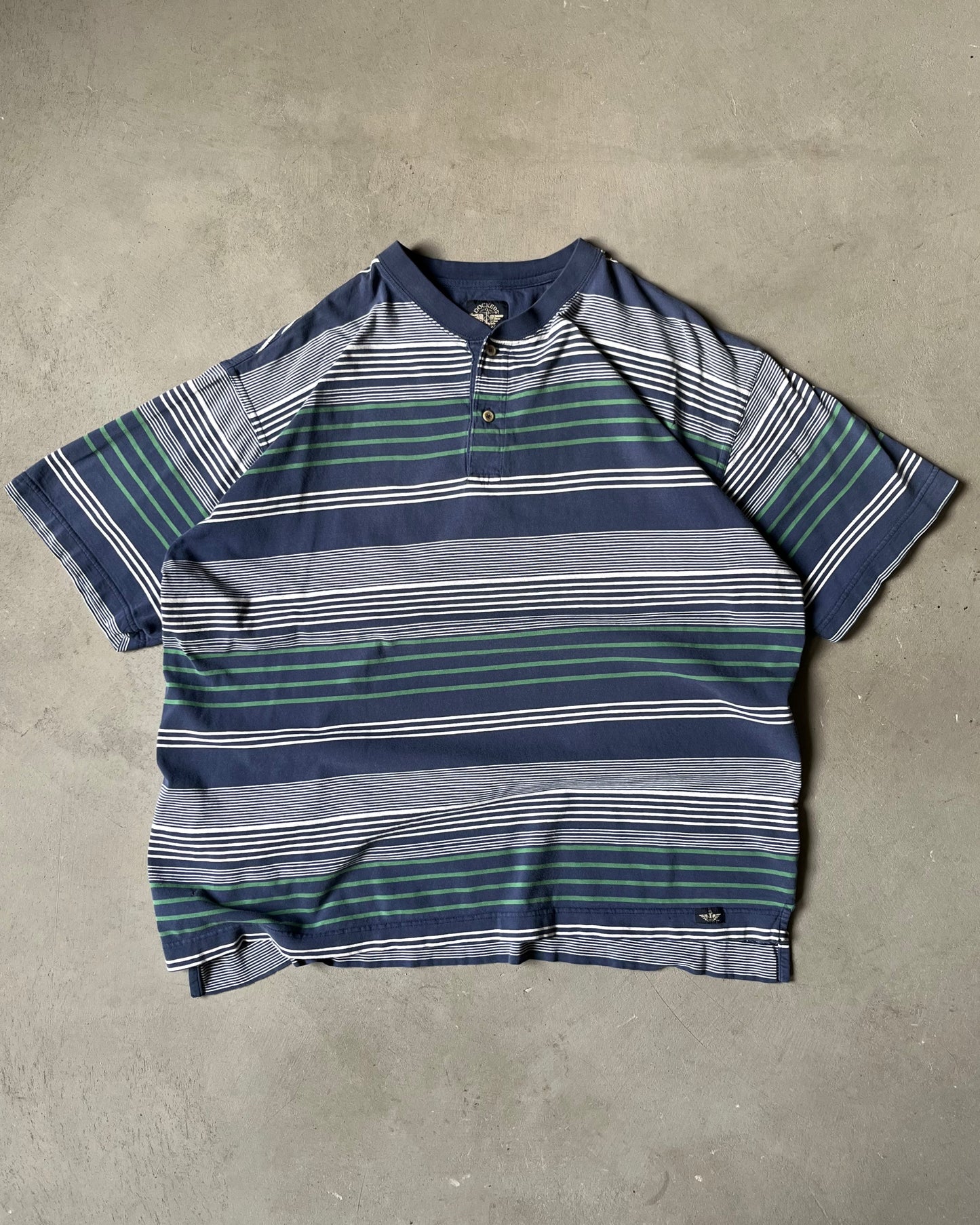 2000s - Distressed Navy Striped Henley T-Shirt -