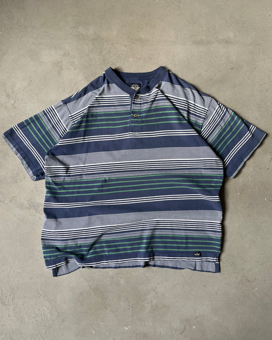 2000s - Distressed Navy Striped Henley T-Shirt -