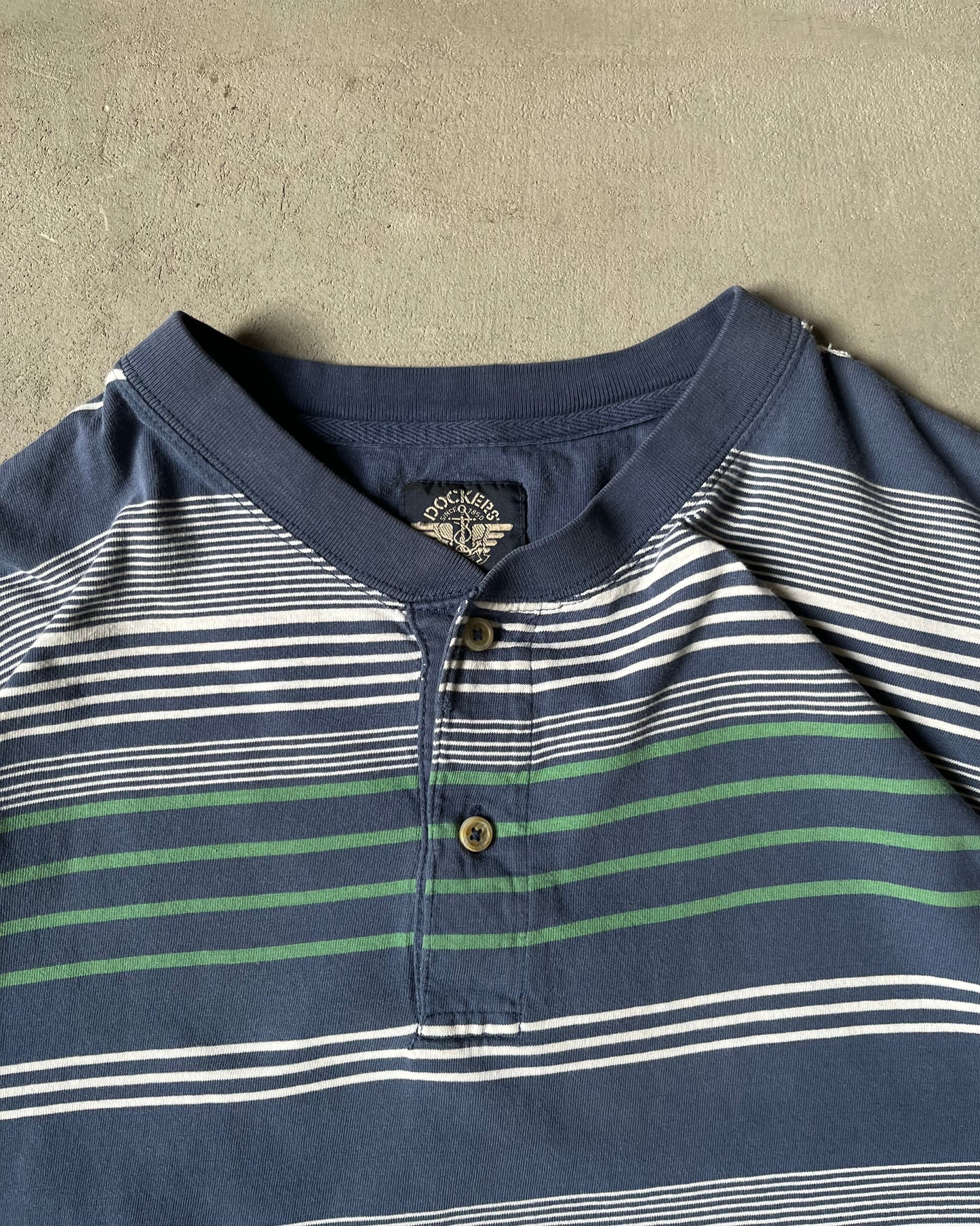 2000s - Distressed Navy Striped Henley T-Shirt -
