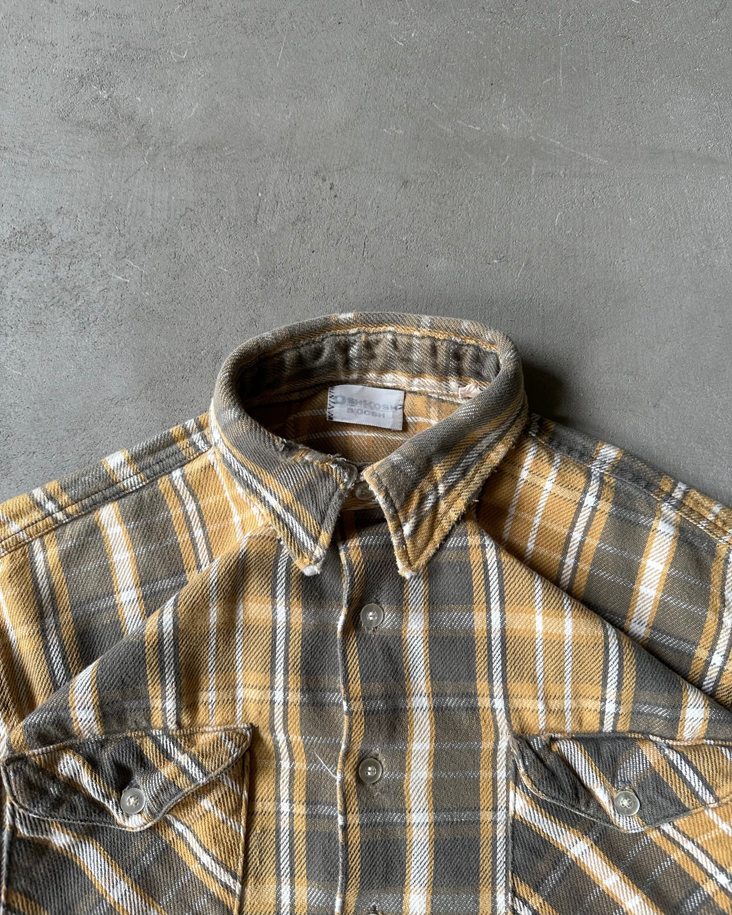 1980s - Yellow/Grey Osh Kosh Plaid Flannel - M/L