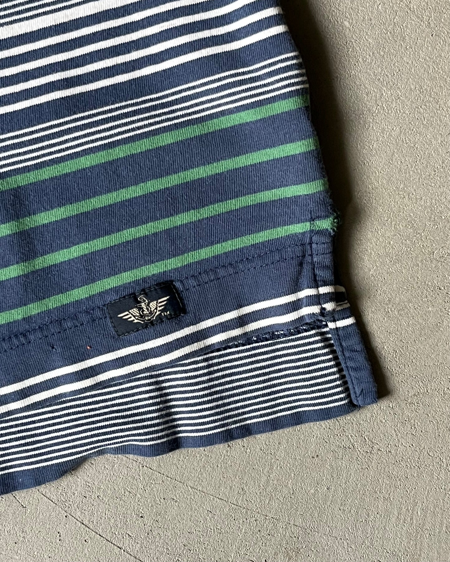 2000s - Distressed Navy Striped Henley T-Shirt -