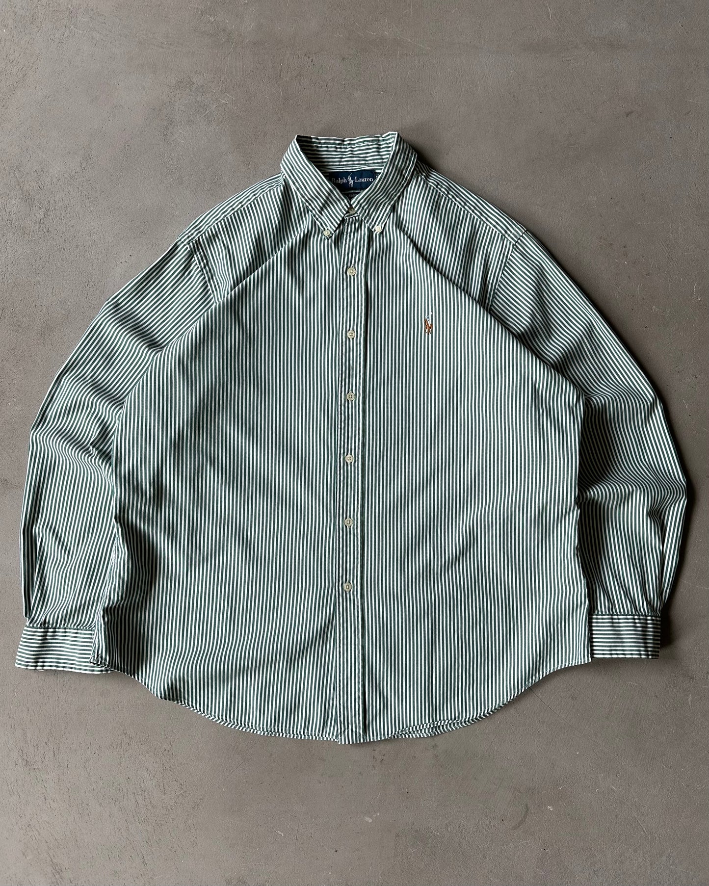 2000s - Green/White Ralph Lauren Striped Shirt - XL