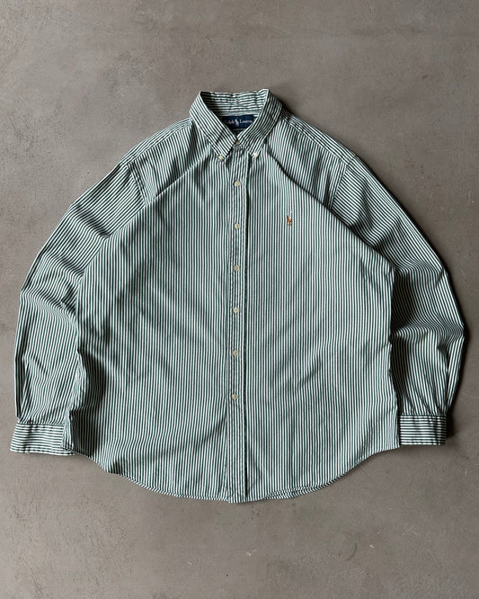 2000s - Green/White Ralph Lauren Striped Shirt - XL