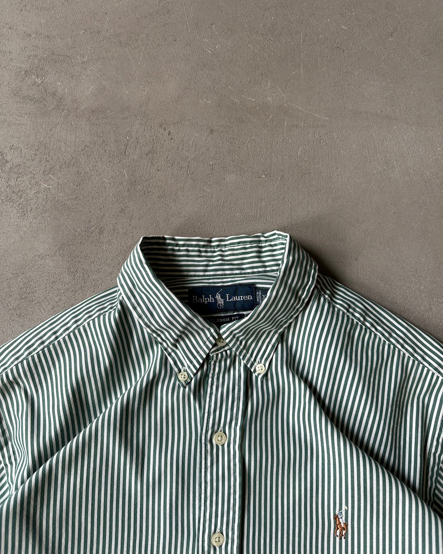 2000s - Green/White Ralph Lauren Striped Shirt - XL