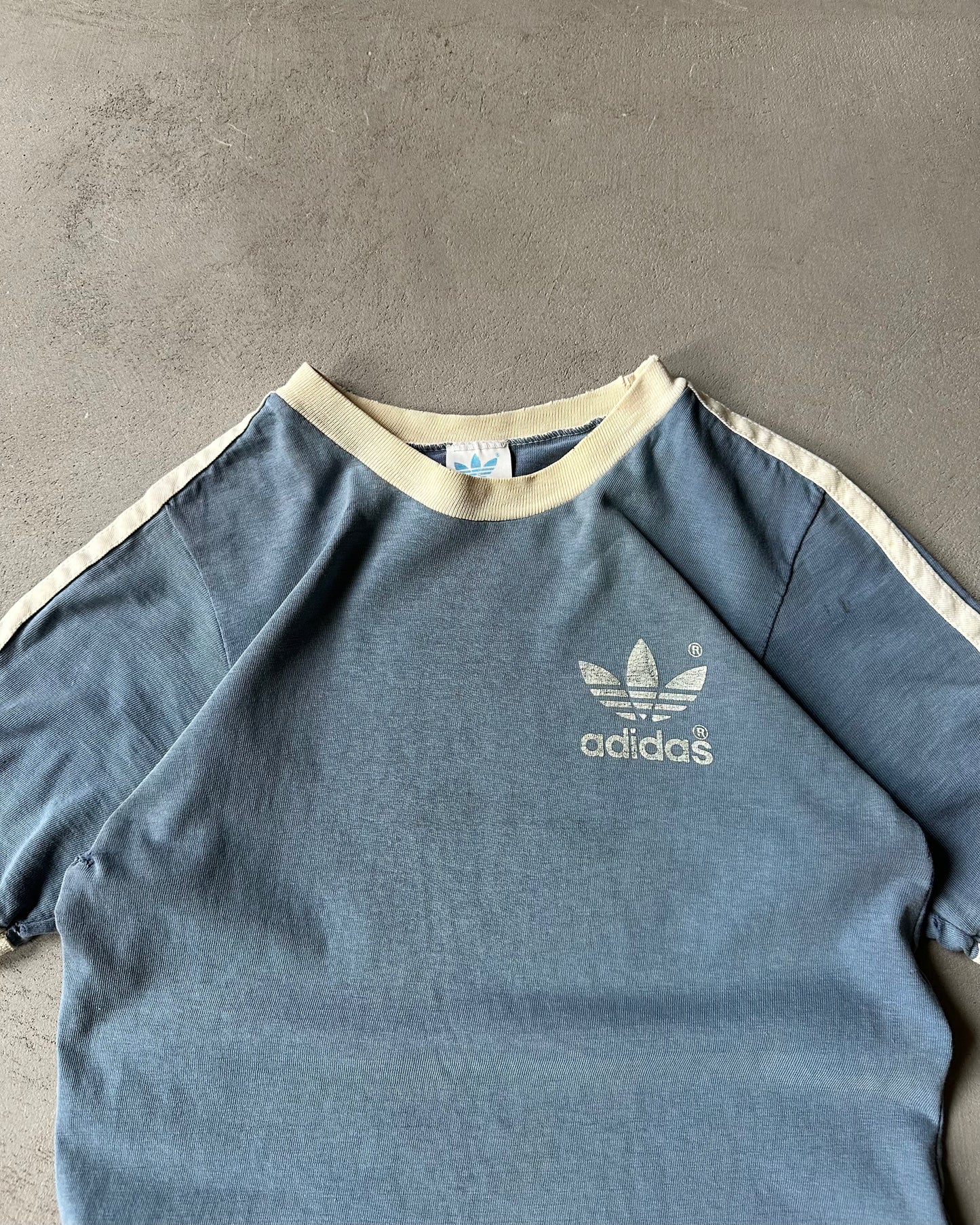 1970s - Distressed Blue Adidas Ringer - S