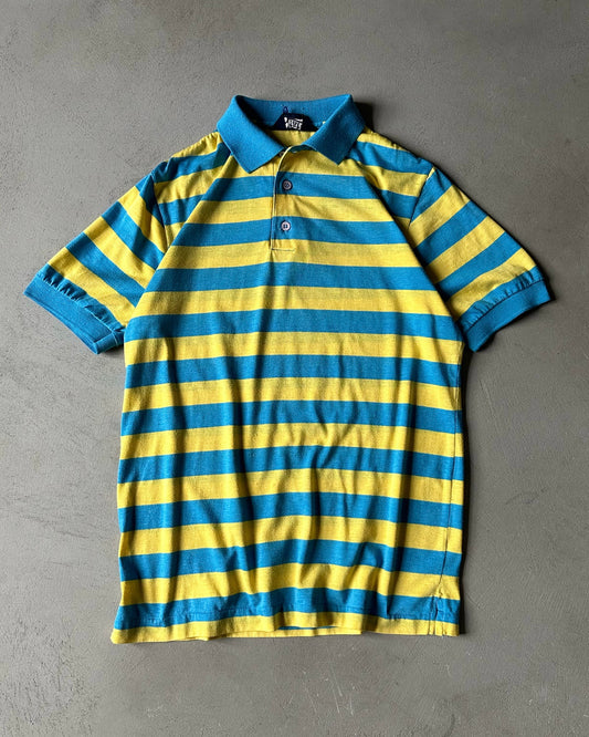 1980s - Yellow/Blue Striped Polo - S