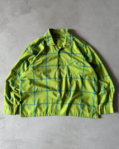 1960s - Green/Yellow Loop Collar Plaid Button Up - L