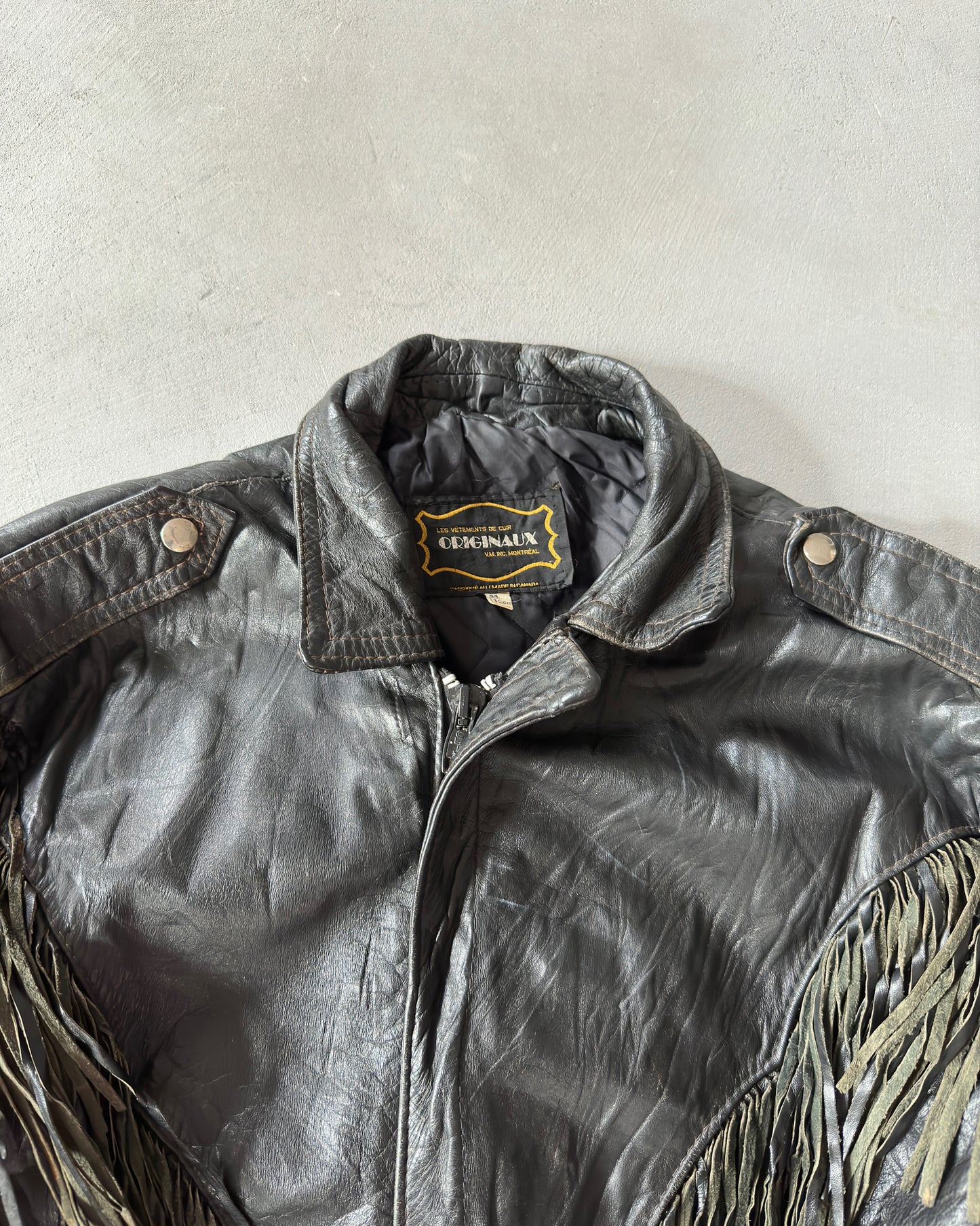 1980s - Black Fringe Biker Leather Jacket - M