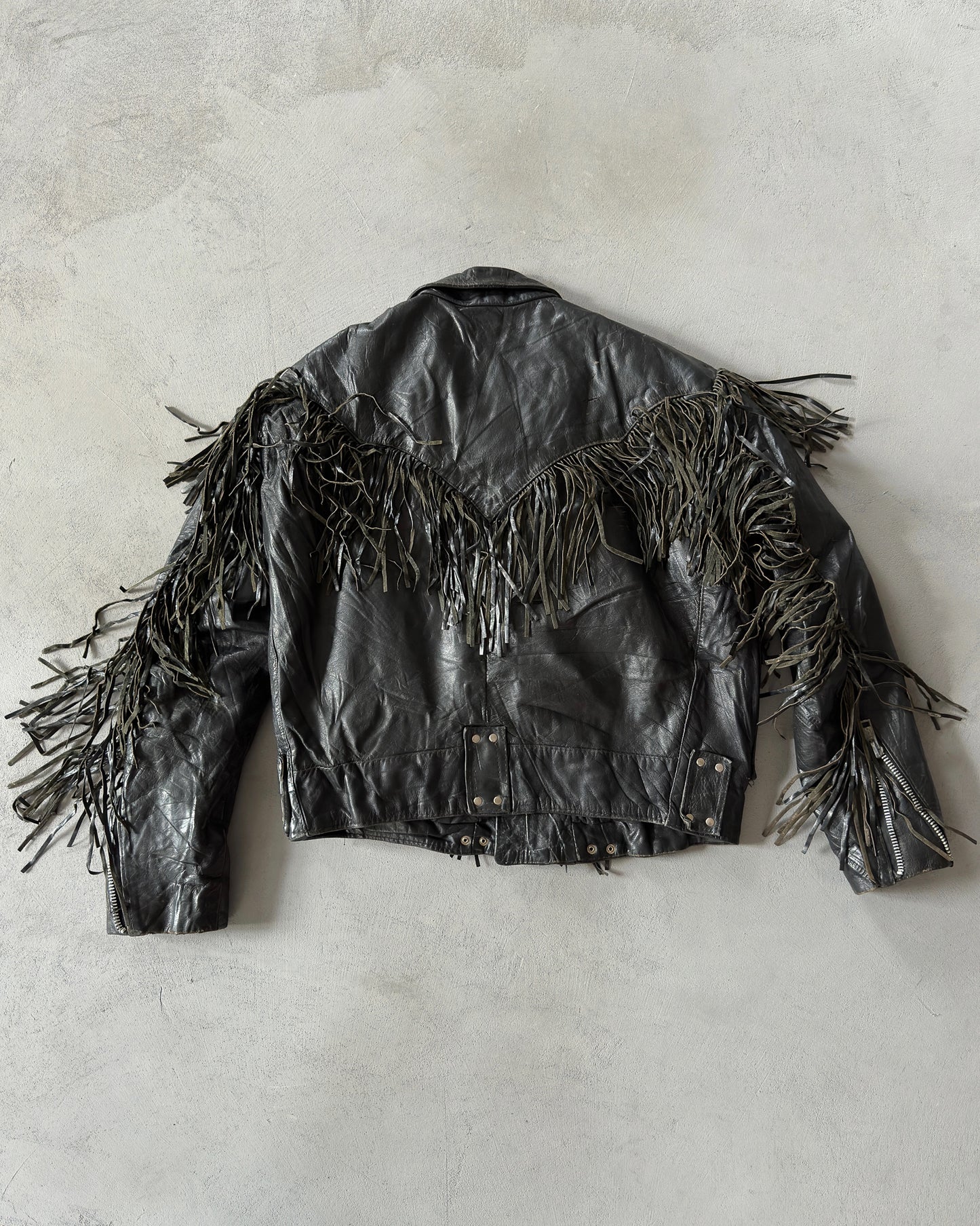 1980s - Black Fringe Biker Leather Jacket - M