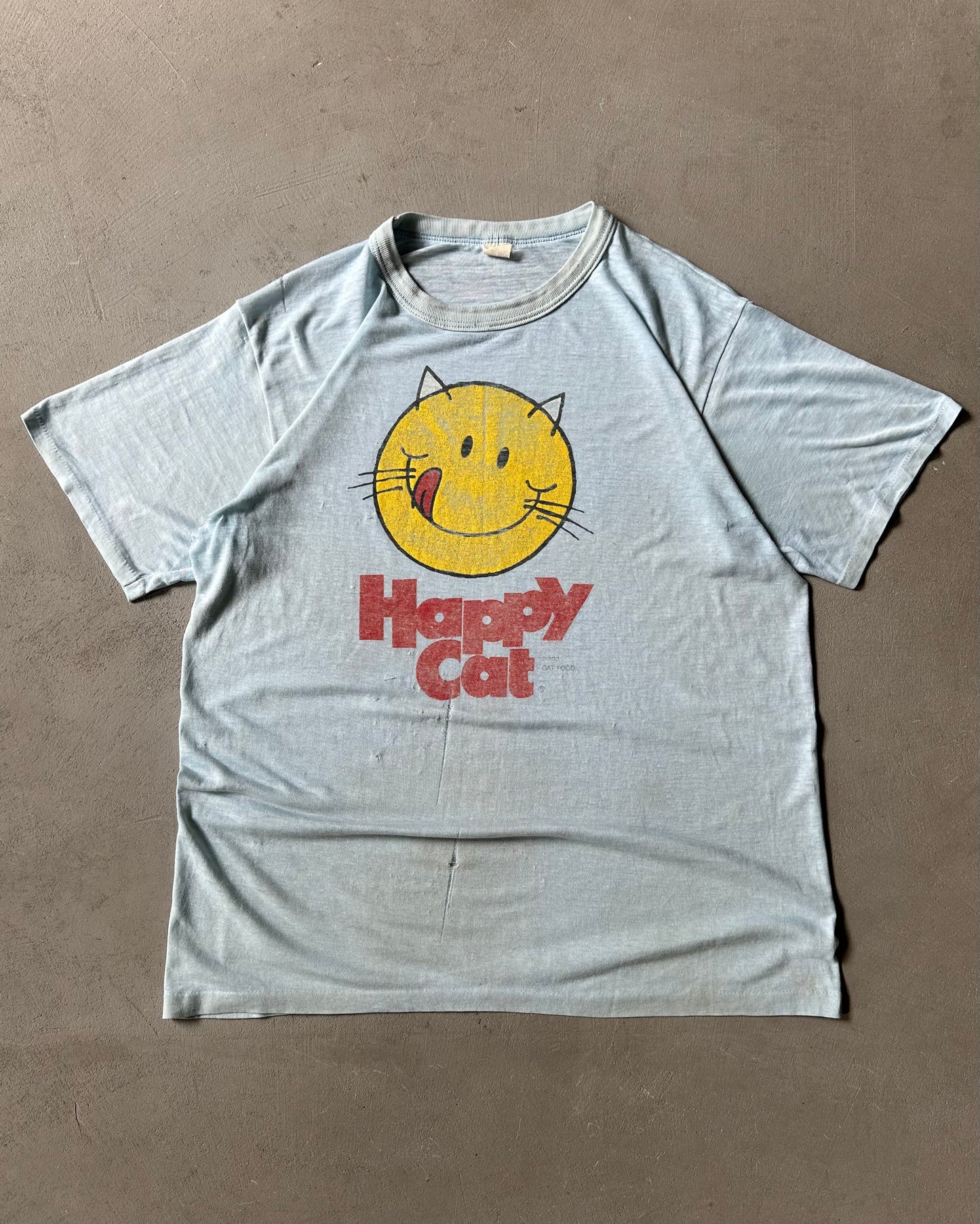 1970s - Trashed Blue Happy Cat T-Shirt - L