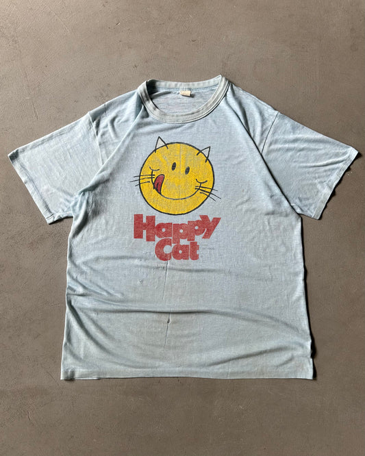 1970s - Trashed Blue Happy Cat T-Shirt - L
