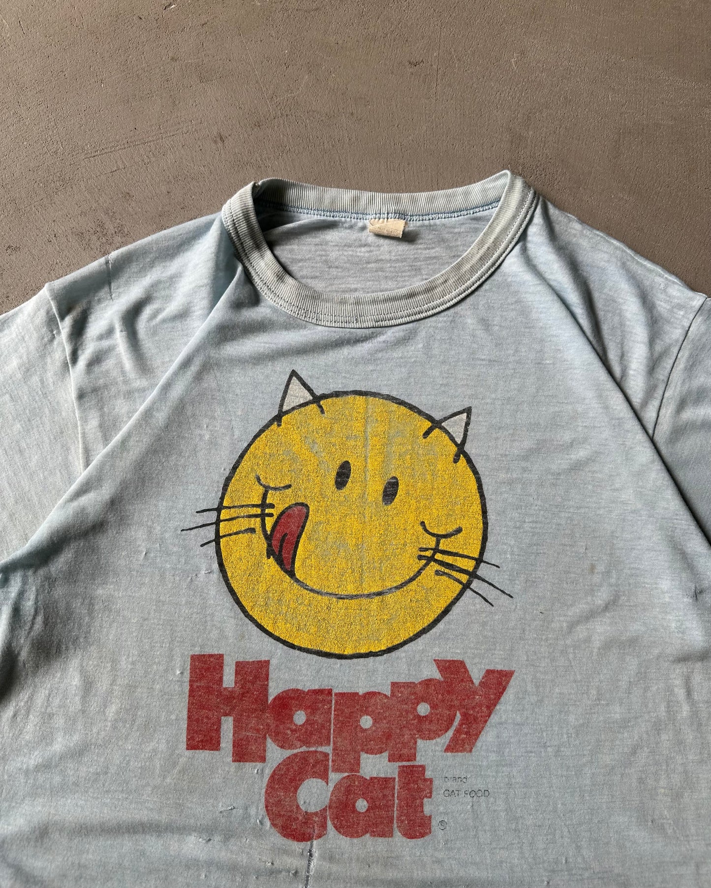 1970s - Trashed Blue Happy Cat T-Shirt - L