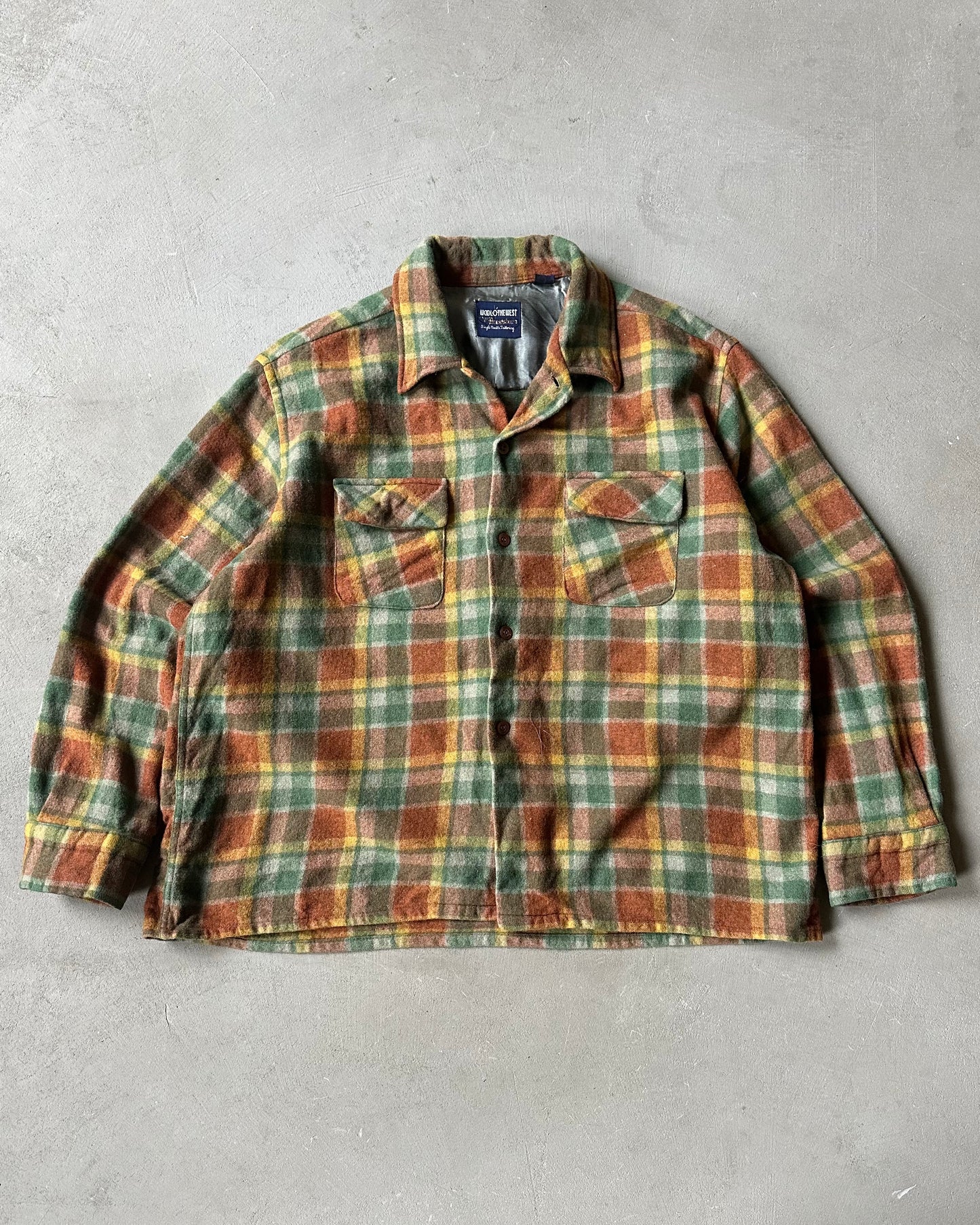 1960s - Orange/Green Brewster Wool Plaid Shirt - S