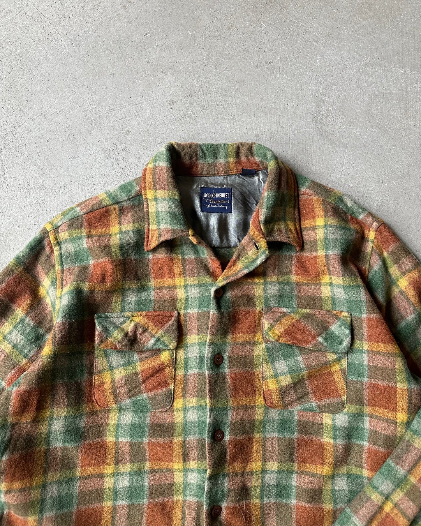 1960s - Orange/Green Brewster Wool Plaid Shirt - S