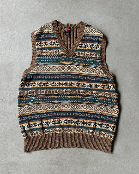 2000s - Brown Fair Isle Sweater Vest - L