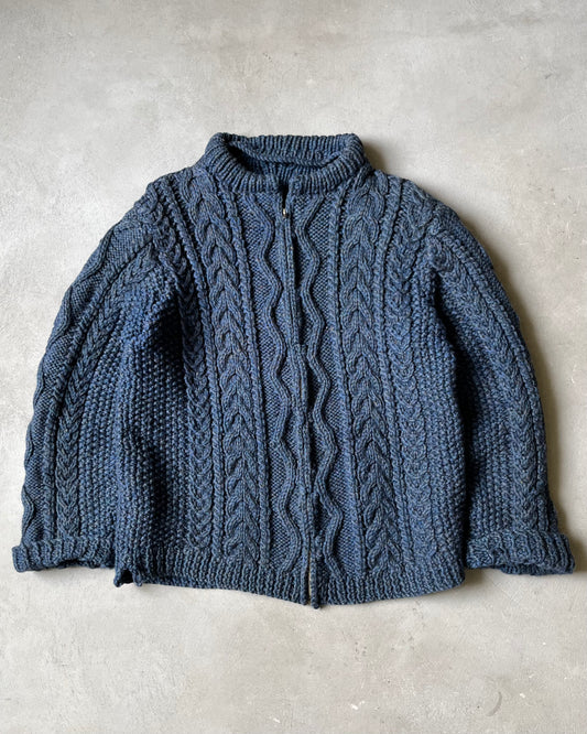 1960s - Blue Handknit Zip Up Sweater - M/L